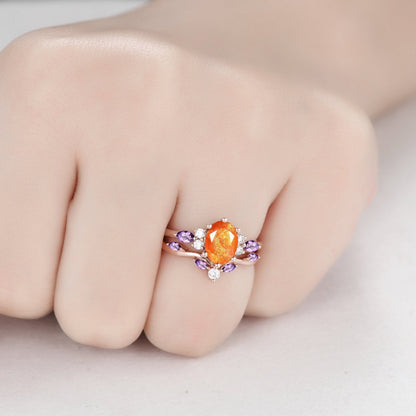 Oval Cut Orange Sunstone Engagement Ring Set Dainty Cluster Marquise Amethyst Bridal Ring Vintage Unique Women Promise Gift - anerjuly