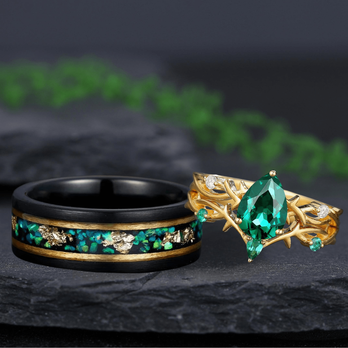 Oval Emerald Gold Vine Couple Rings Gold His & Her Matching Rings Men's Tungsten Couple Rings - anerjuly