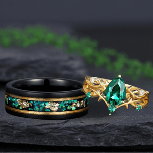 Oval Emerald Gold Vine Couple Rings Gold His & Her Matching Rings Men's Tungsten Couple Rings - anerjuly