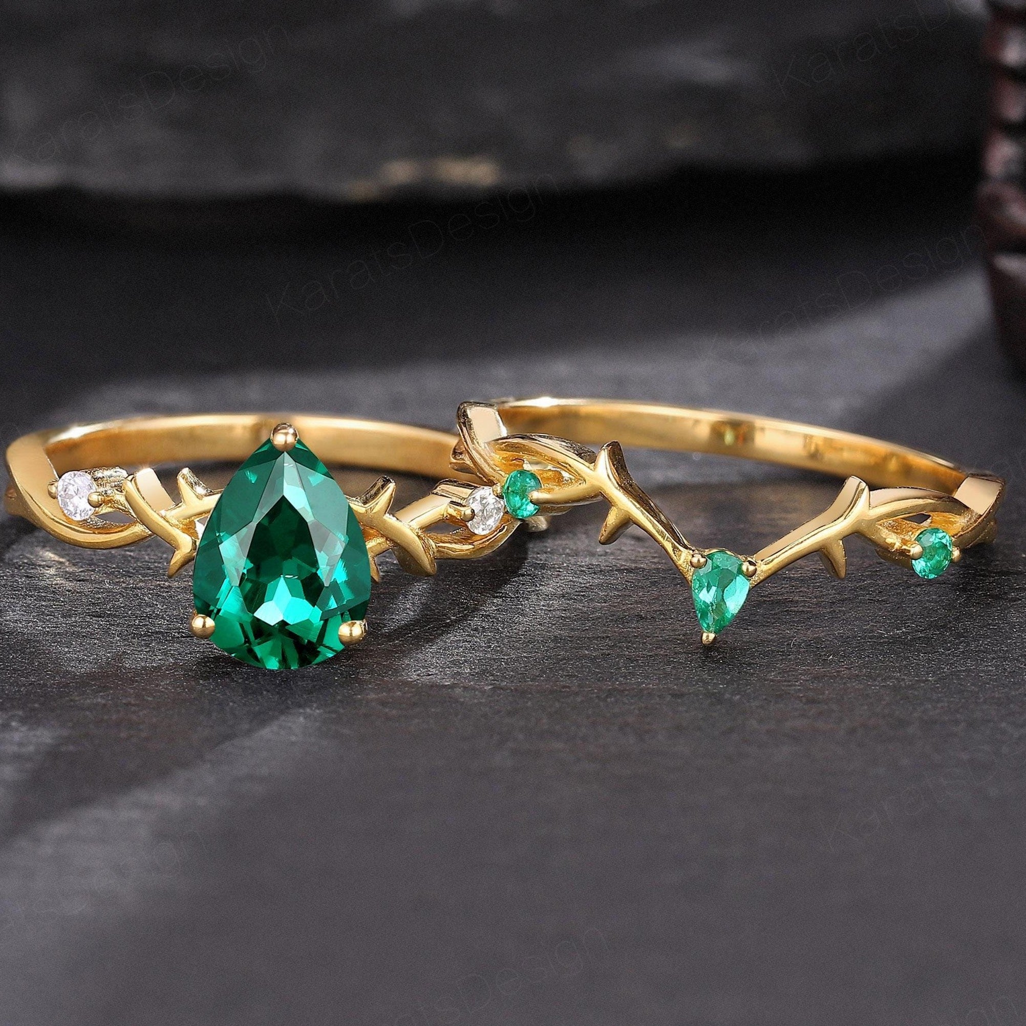 Oval Emerald Gold Vine Couple Rings Gold His & Her Matching Rings Men's Tungsten Couple Rings - anerjuly