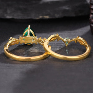 Oval Emerald Gold Vine Couple Rings Gold His & Her Matching Rings Men's Tungsten Couple Rings - anerjuly