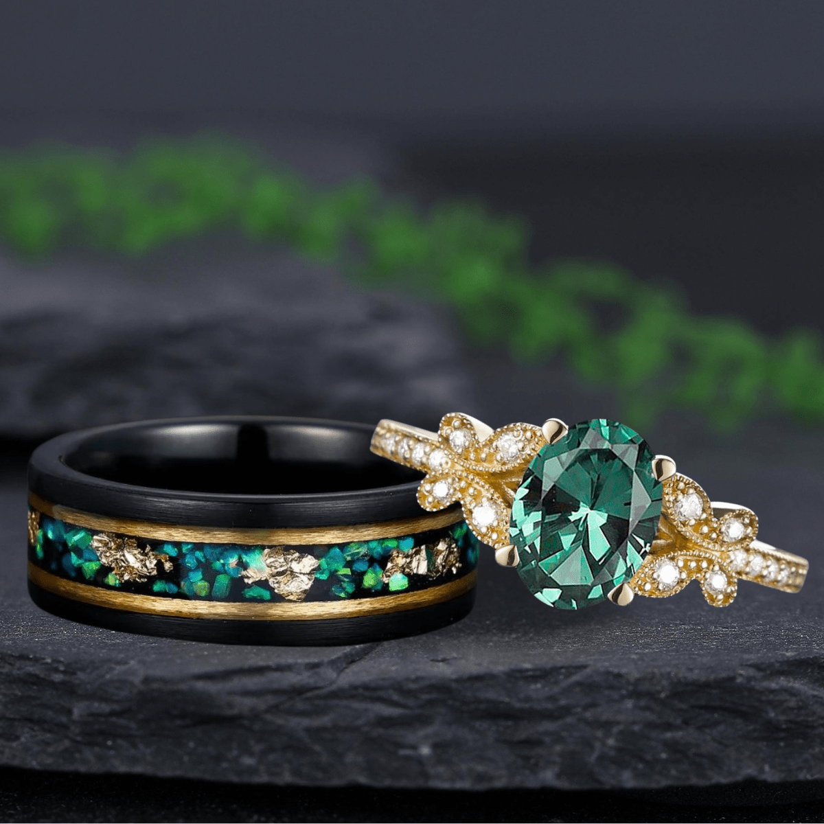Oval Emerald Gold Vine Couple Rings Gold His & Her Matching Wedding Band Men's Tungsten Couple Rings - anerjuly