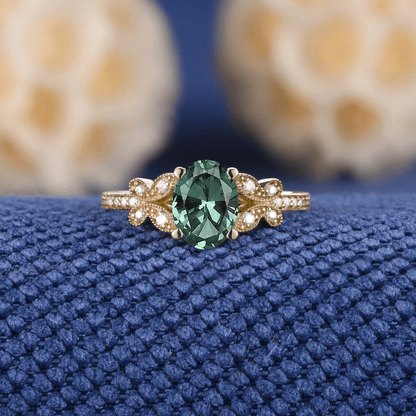 Oval Emerald Gold Vine Couple Rings Gold His & Her Matching Wedding Band Men's Tungsten Couple Rings - anerjuly