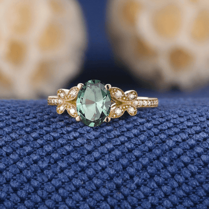 Oval Emerald Gold Vine Couple Rings Gold His & Her Matching Wedding Band Men's Tungsten Couple Rings - anerjuly