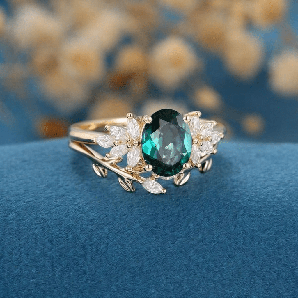 Oval Green Emerald Vine Ring - anerjuly