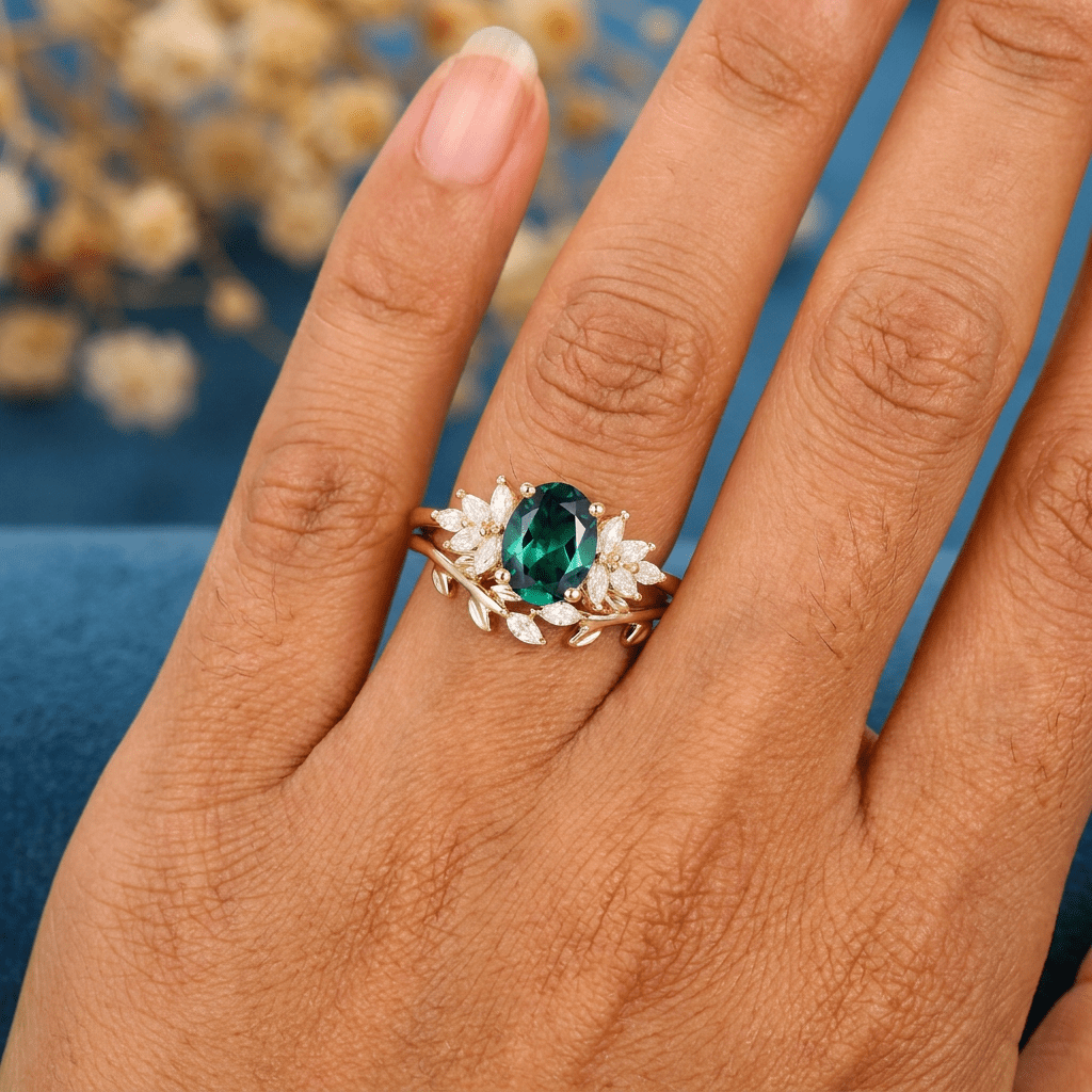 Oval Green Emerald Vine Ring - anerjuly