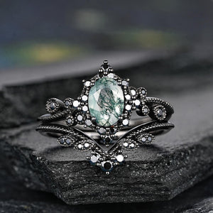 Oval Nature Moss Agate Milgrain Moss Agate Black Gold Ring Set Engagement Ring - anerjuly