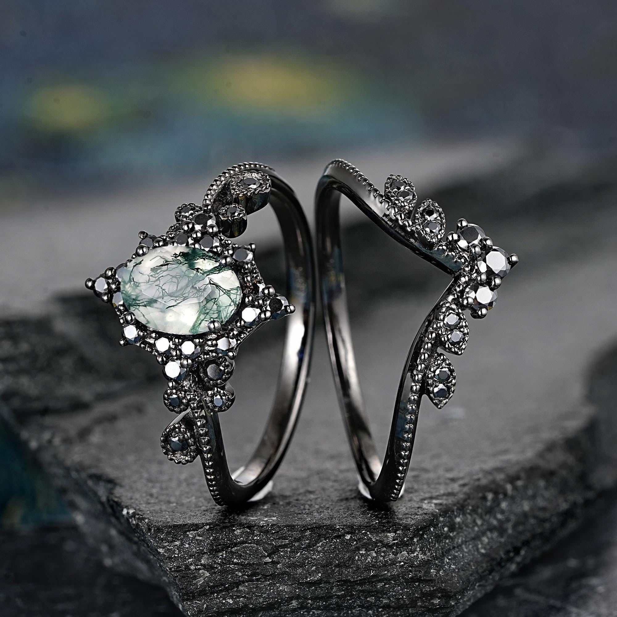 Oval Nature Moss Agate Milgrain Moss Agate Black Gold Ring Set Engagement Ring - anerjuly