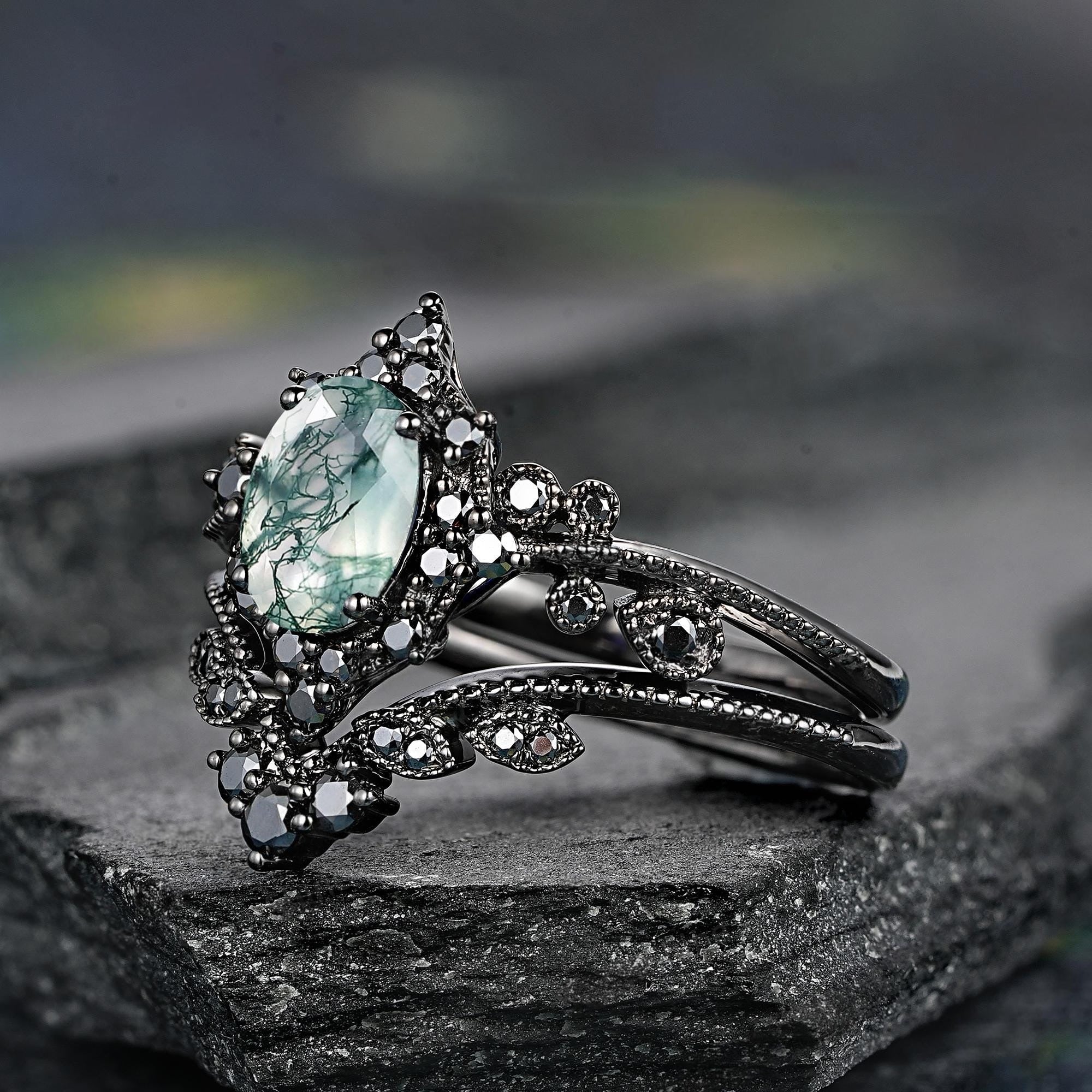 Oval Nature Moss Agate Milgrain Moss Agate Black Gold Ring Set Engagement Ring - anerjuly