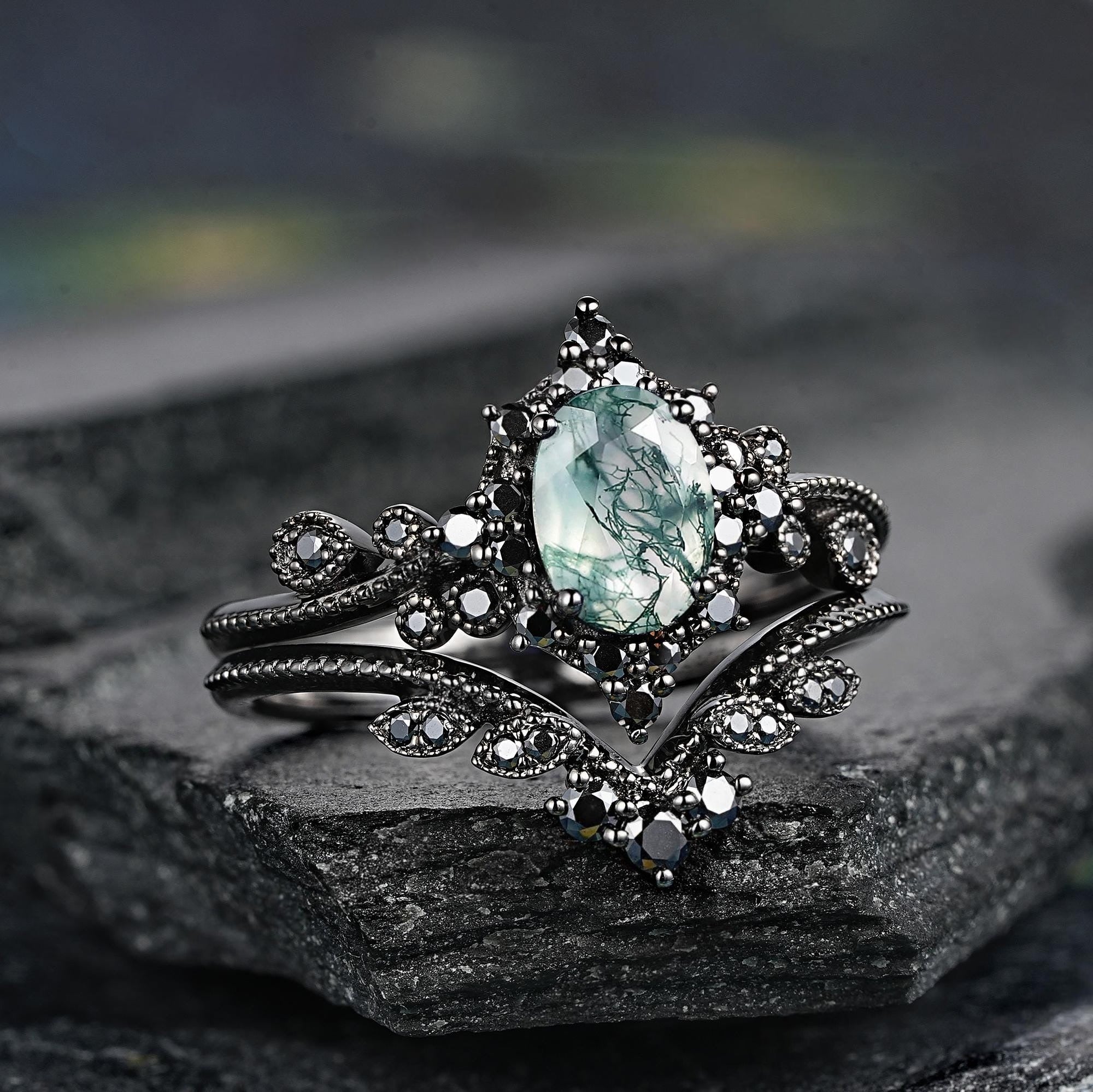 Oval Nature Moss Agate Milgrain Moss Agate Black Gold Ring Set Engagement Ring - anerjuly