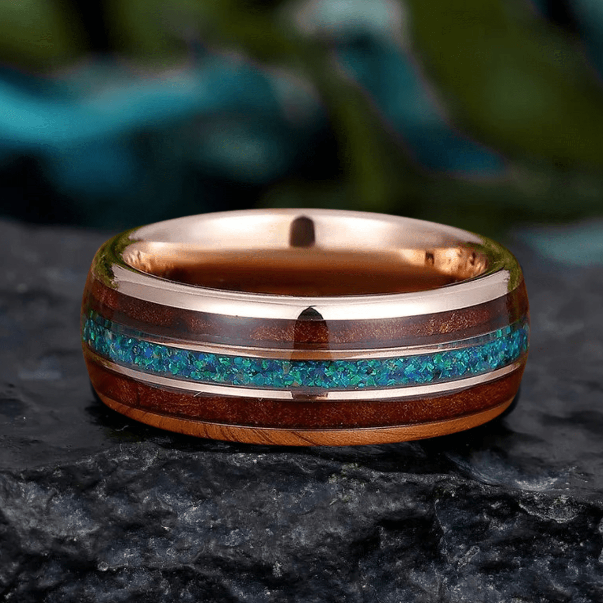 Peacock Blue Opal Wood Tungsten Wedding Band Glossy Substantial Men' s Unisex Ring - anerjuly