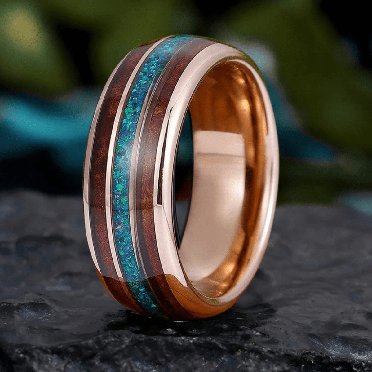 Peacock Blue Opal Wood Tungsten Wedding Band Glossy Substantial Men' s Unisex Ring - anerjuly