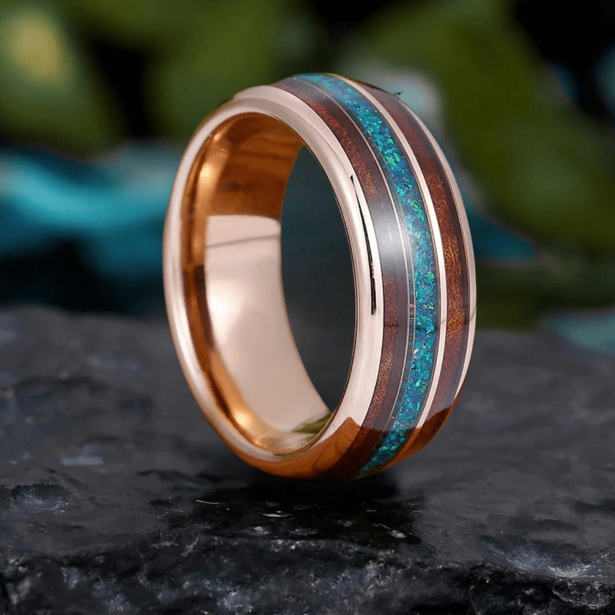 Peacock Blue Opal Wood Tungsten Wedding Band Glossy Substantial Men' s Unisex Ring - anerjuly
