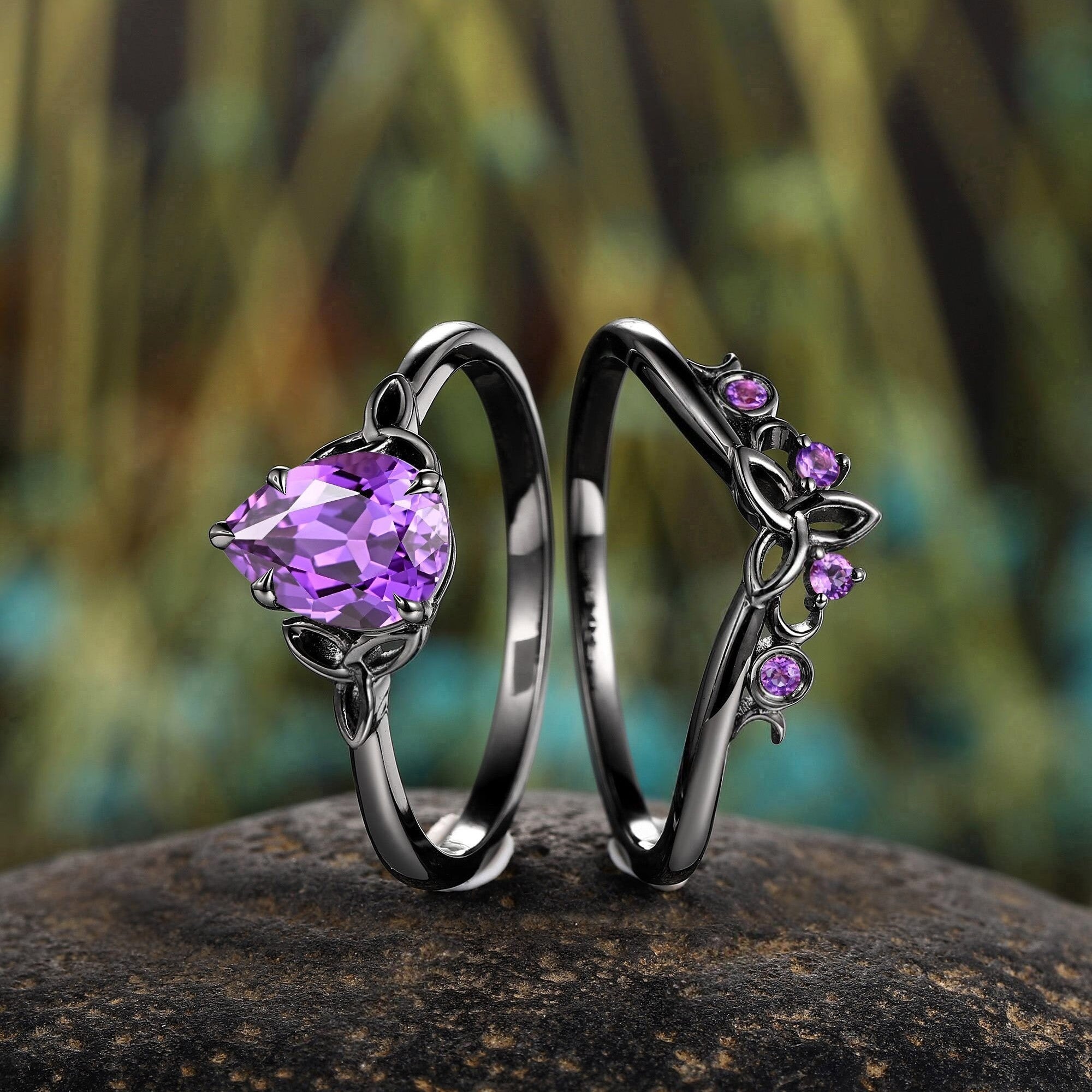 Pear Amethyst Engagement Ring Set Vintage Promise Ring Wedding Rings For Women - anerjuly
