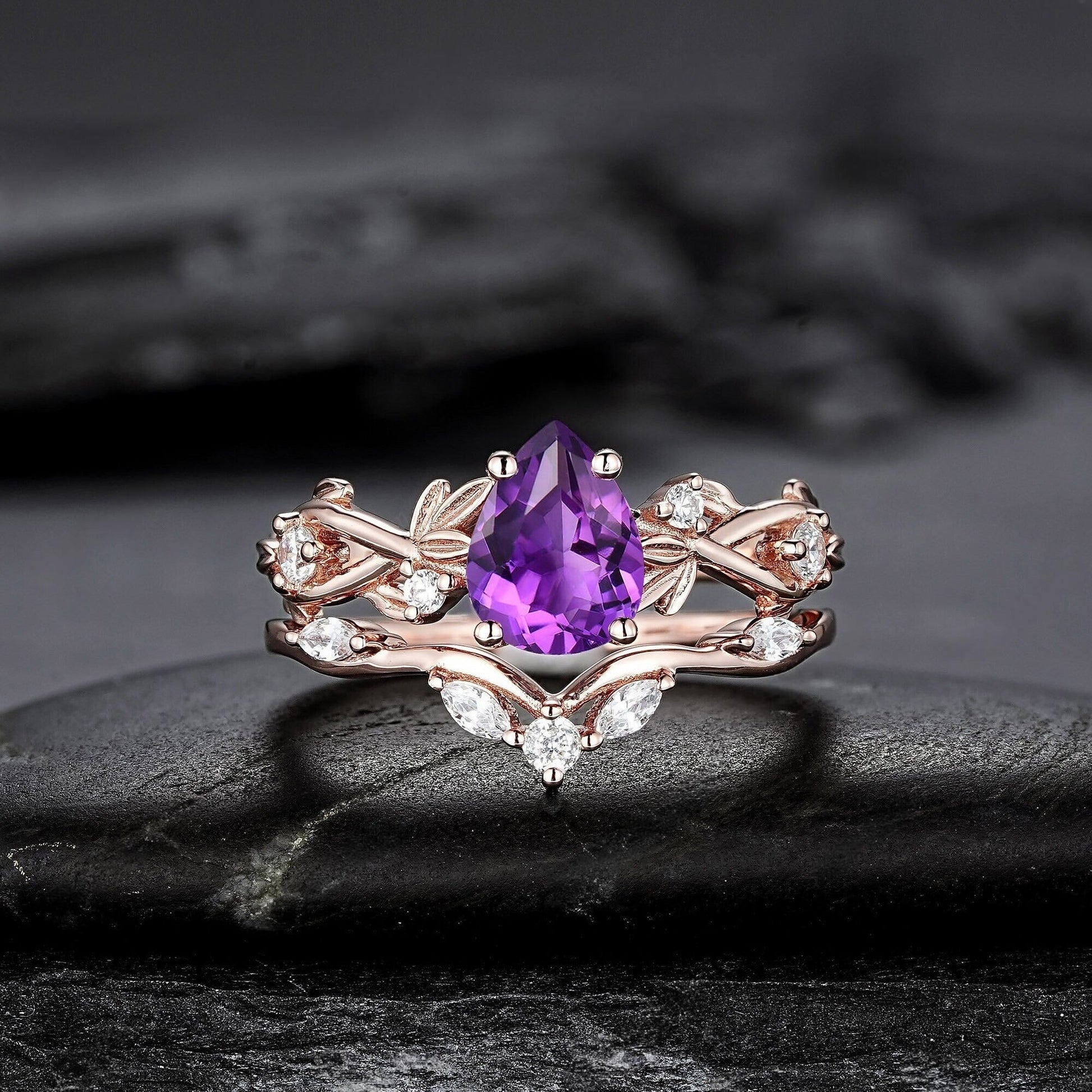 Pear Amethyst Engagement Ring Set Vintage Rose Gold Leaf Branch Promise Ring Wedding Band Custom Wedding Rings For Women - anerjuly