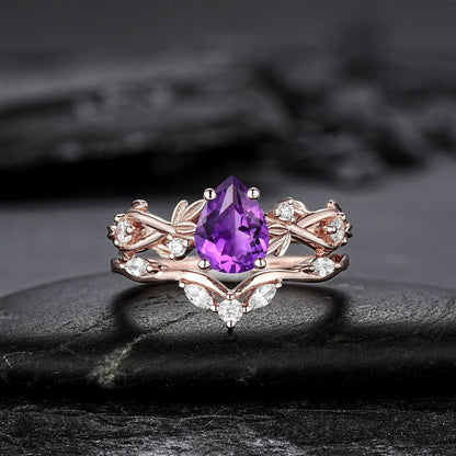 Pear Amethyst Engagement Ring Set Vintage Rose Gold Leaf Branch Promise Ring Wedding Band Custom Wedding Rings For Women - anerjuly