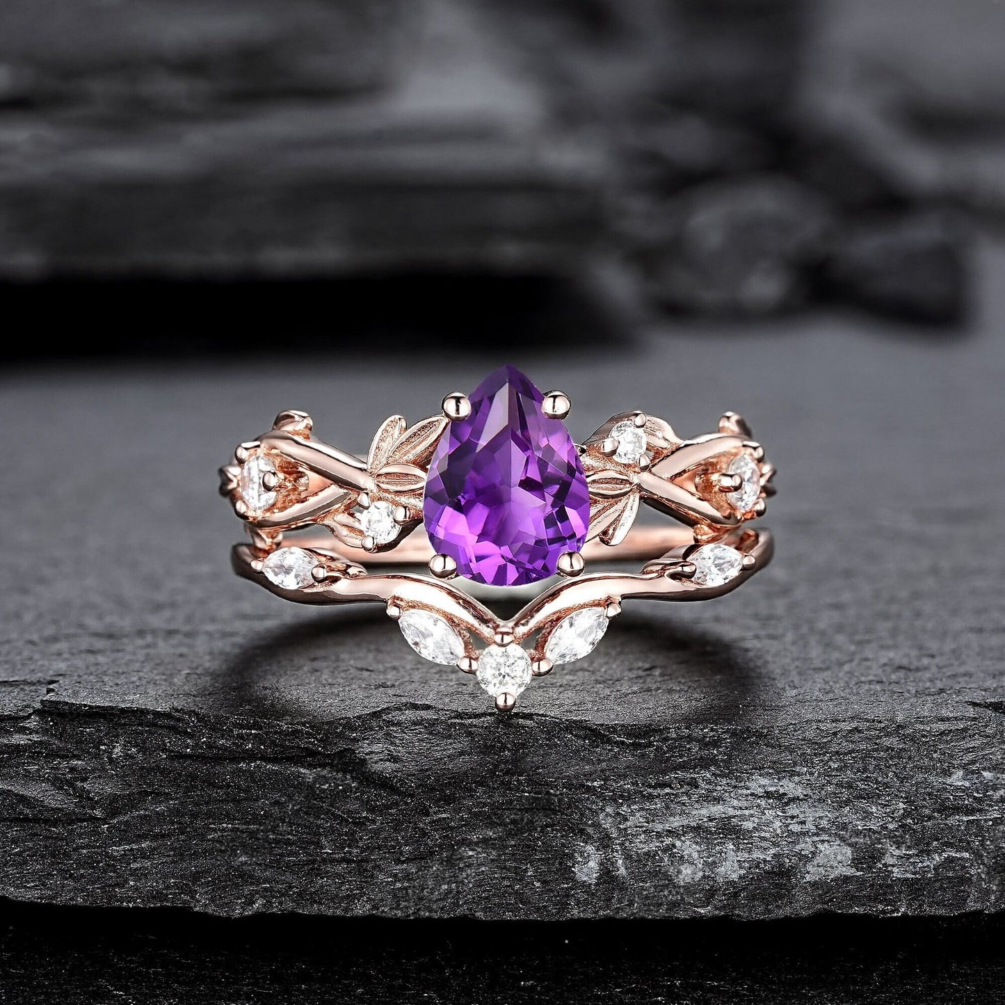 Pear Amethyst Engagement Ring Set Vintage Rose Gold Leaf Branch Promise Ring Wedding Band Custom Wedding Rings For Women - anerjuly