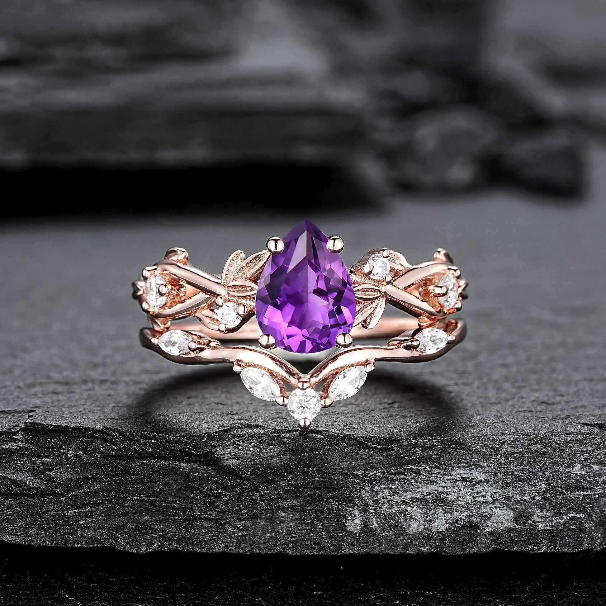Pear Amethyst Engagement Ring Set Vintage Rose Gold Leaf Branch Promise Ring Wedding Band Custom Wedding Rings For Women - anerjuly