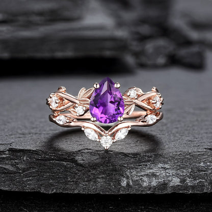 Pear Amethyst Engagement Ring Set Vintage Rose Gold Leaf Branch Promise Ring Wedding Band Custom Wedding Rings For Women - anerjuly