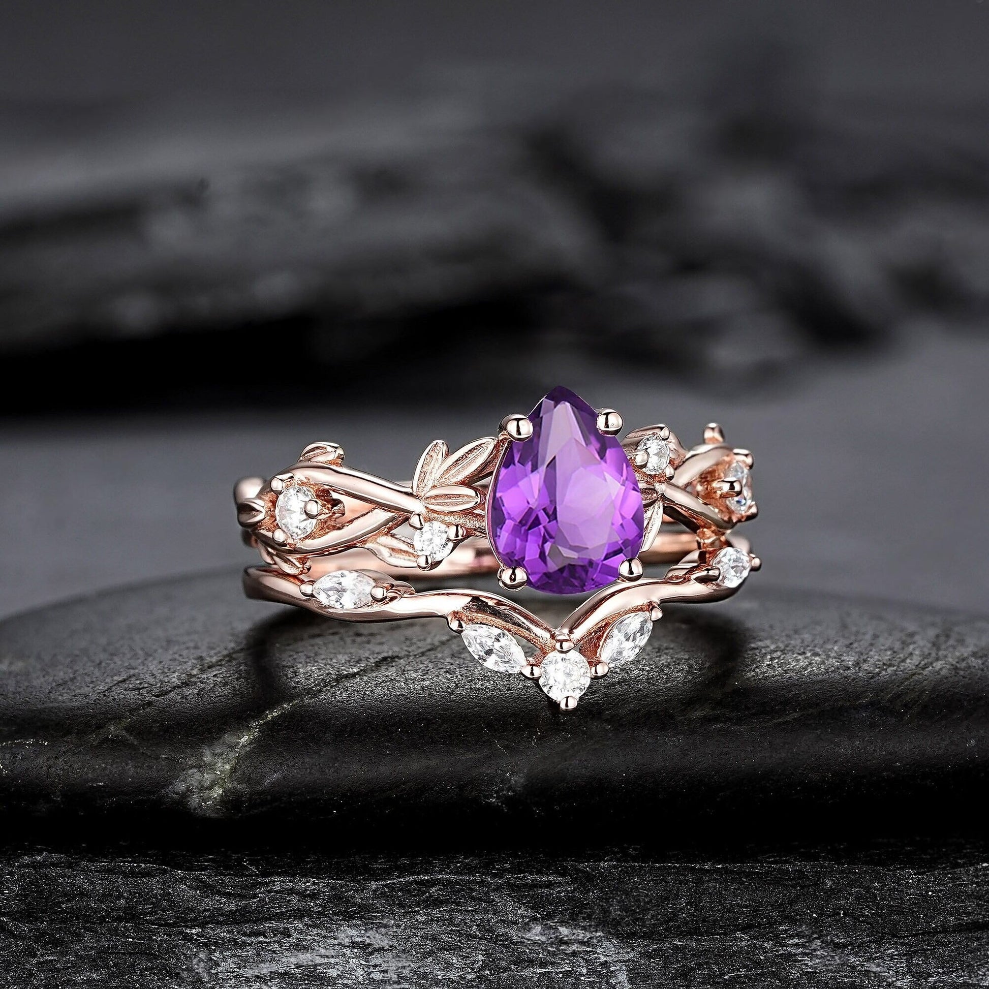 Pear Amethyst Engagement Ring Set Vintage Rose Gold Leaf Branch Promise Ring Wedding Band Custom Wedding Rings For Women - anerjuly