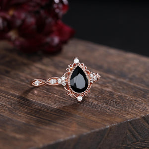 Pear Black Onyx Couples Ring Set Black Onyx Engagement Ring Gothic His&Her Wedding Band Twig Leaf Moissanite Ring Women Bridal Promise Ring - anerjuly
