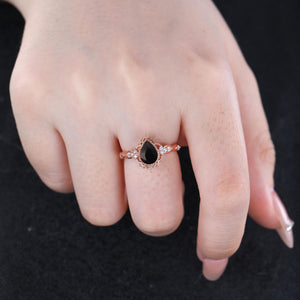 Pear Black Onyx Couples Ring Set Black Onyx Engagement Ring Gothic His&Her Wedding Band Twig Leaf Moissanite Ring Women Bridal Promise Ring - anerjuly