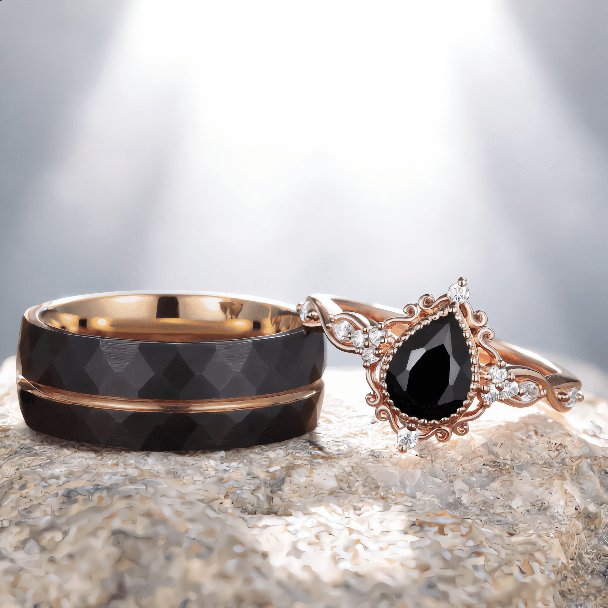 Pear Black Onyx Couples Ring Set Black Onyx Engagement Ring Gothic His&Her Wedding Band Twig Leaf Moissanite Ring Women Bridal Promise Ring - anerjuly