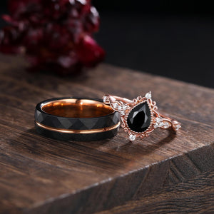 Pear Black Onyx Couples Ring Set Black Onyx Engagement Ring Gothic His&Her Wedding Band Twig Leaf Moissanite Ring Women Bridal Promise Ring - anerjuly