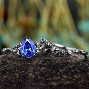 Pear Blue Sapphire Bridal Set Rhodium Black Gold Twig Leaf Engagement Ring Set - anerjuly