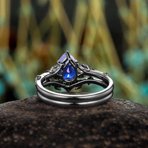 Pear Blue Sapphire Bridal Set Rhodium Black Gold Twig Leaf Engagement Ring Set - anerjuly