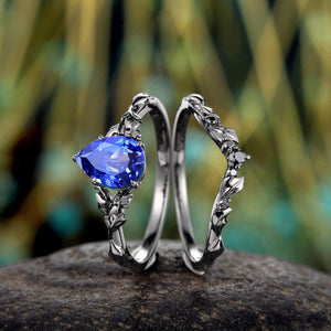 Pear Blue Sapphire Bridal Set Rhodium Black Gold Twig Leaf Engagement Ring Set - anerjuly