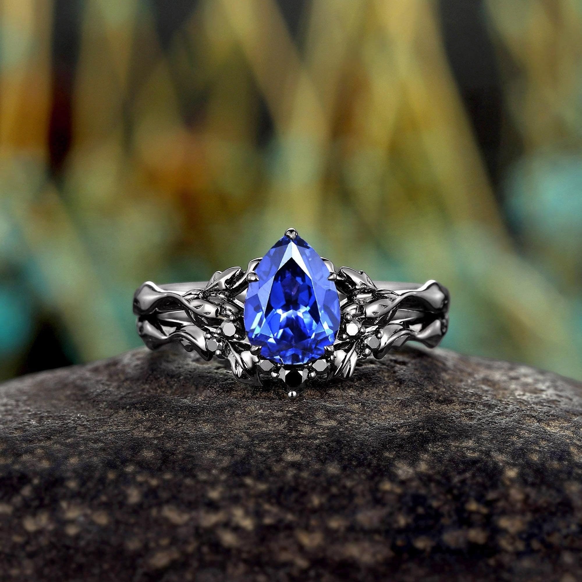Pear Blue Sapphire Bridal Set Rhodium Black Gold Twig Leaf Engagement Ring Set - anerjuly