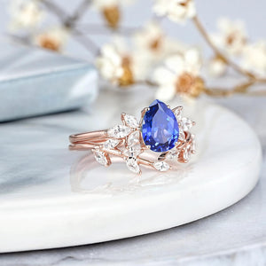 Pear Cornflower Blue Sapphire Engagement Ring Set Rose Gold Leaf Promise Ring - anerjuly
