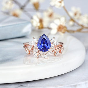 Pear Cornflower Blue Sapphire Engagement Ring Set Rose Gold Leaf Promise Ring - anerjuly