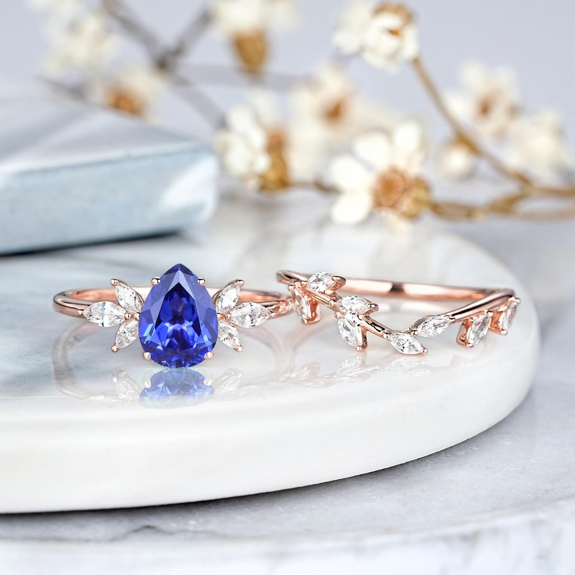 Pear Cornflower Blue Sapphire Engagement Ring Set Rose Gold Leaf Promise Ring - anerjuly