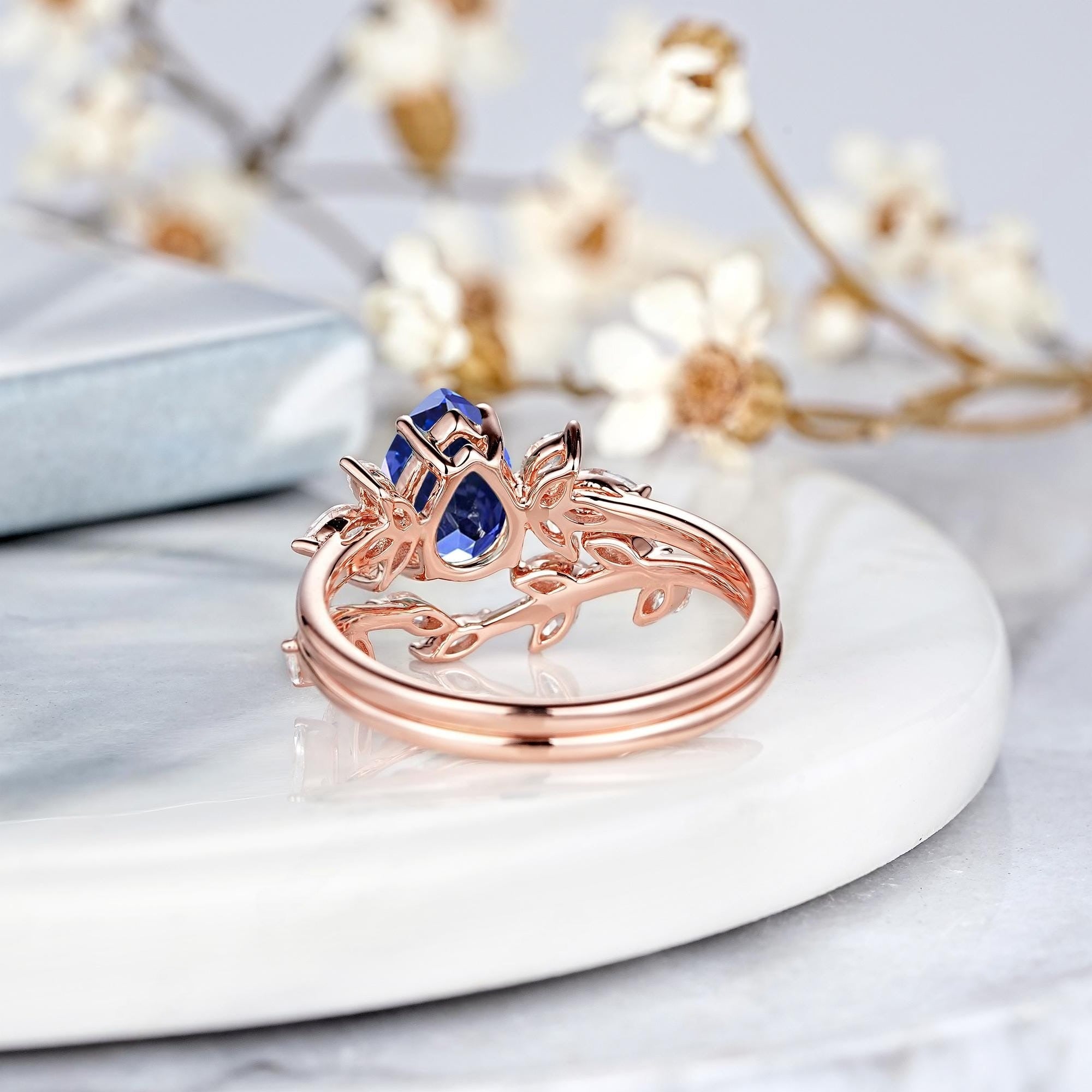 Pear Cornflower Blue Sapphire Engagement Ring Set Rose Gold Leaf Promise Ring - anerjuly