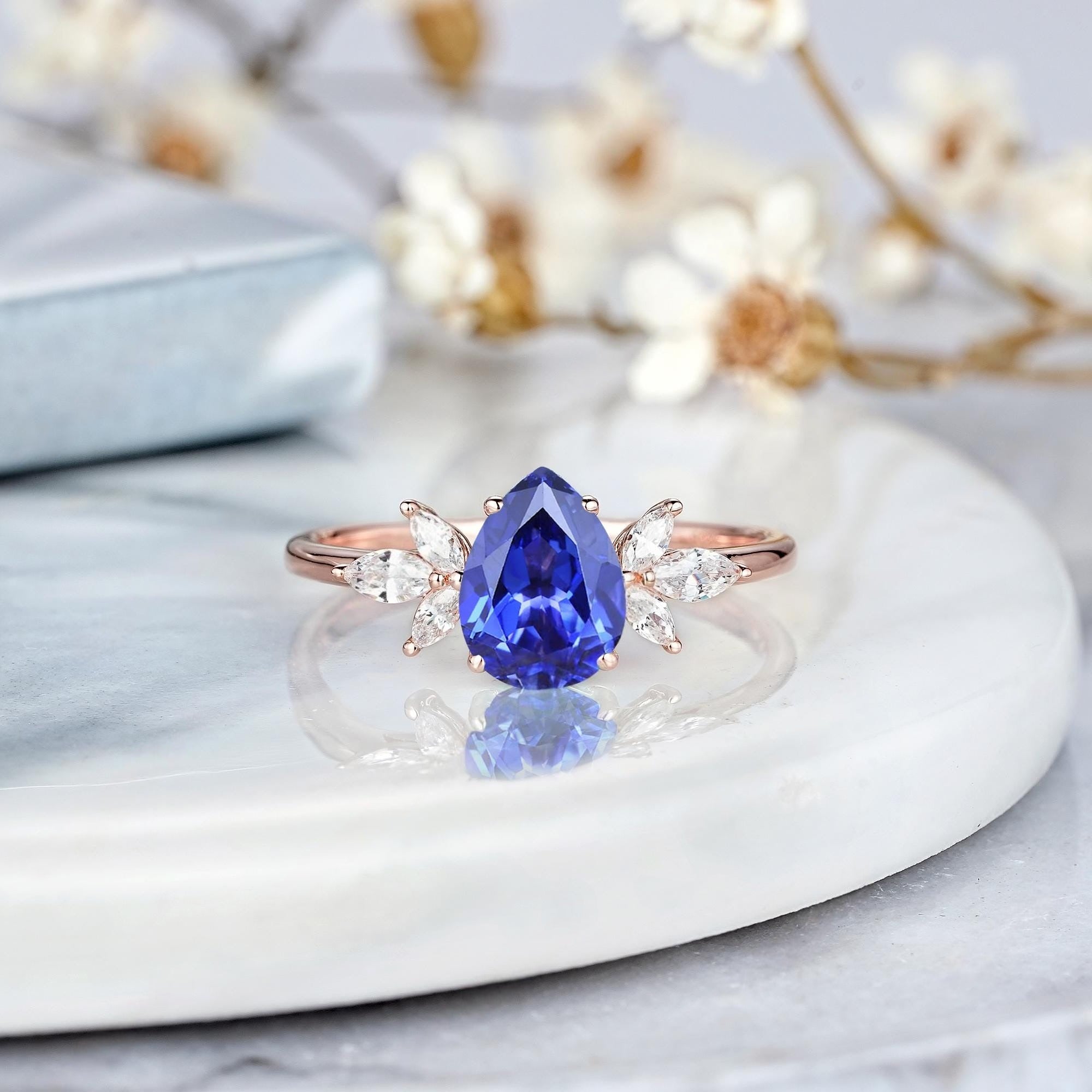Pear Cornflower Blue Sapphire Engagement Ring Set Rose Gold Leaf Promise Ring - anerjuly
