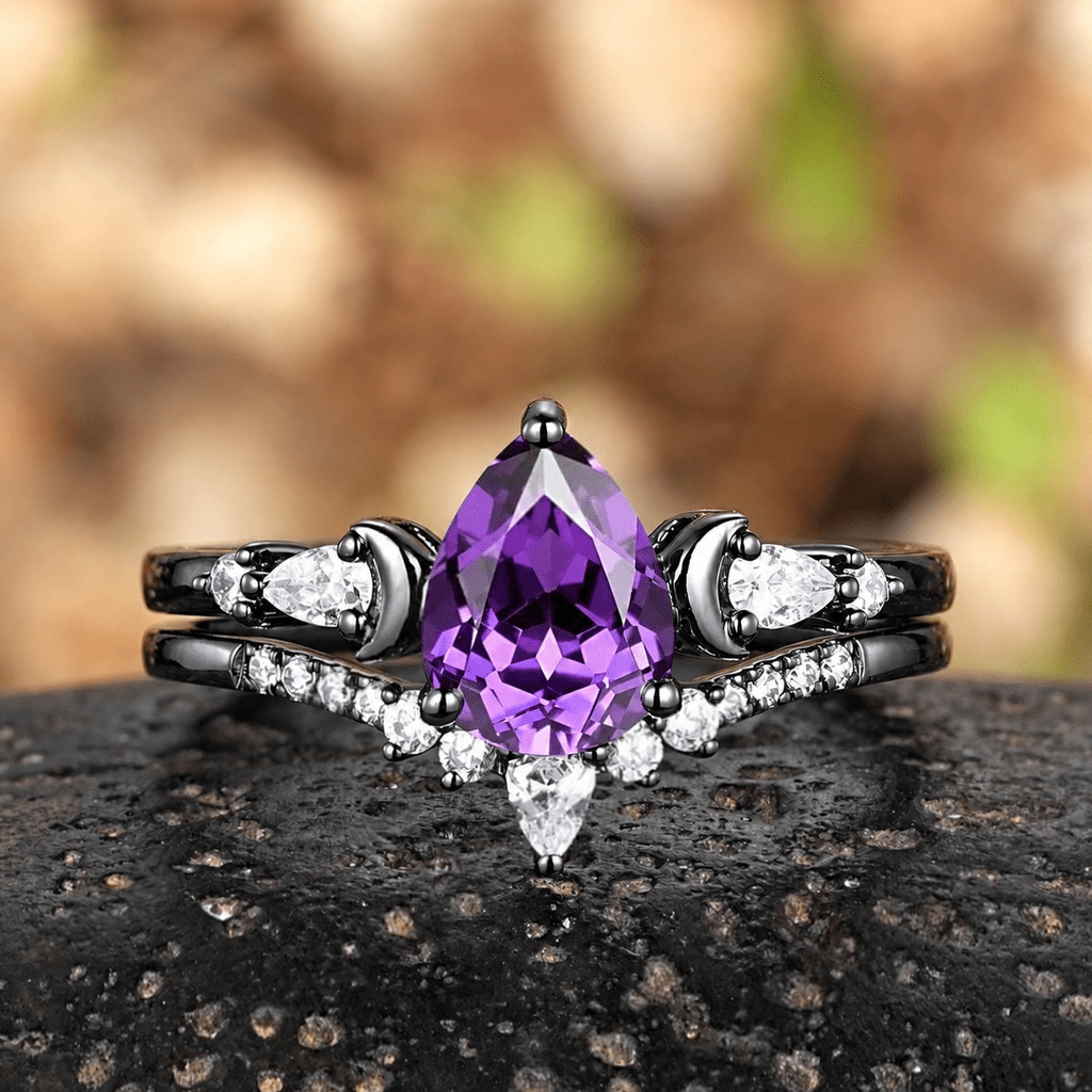 Pear Cut Amethyst Engagement Ring Crescent Moon Bridal Set Promise Ring For Women - anerjuly