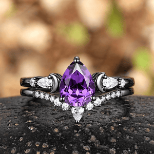 Pear Cut Amethyst Engagement Ring Crescent Moon Bridal Set Promise Ring For Women - anerjuly