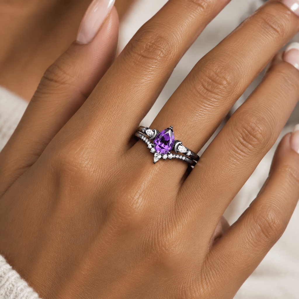 Pear Cut Amethyst Engagement Ring Crescent Moon Bridal Set Promise Ring For Women - anerjuly