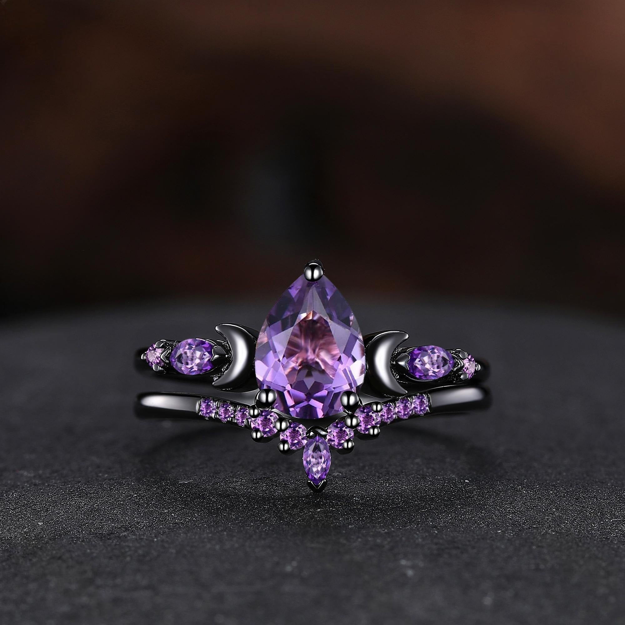 Pear Cut Amethyst Engagement Ring Crescent Moon Bridal Set Promise Ring For Women - anerjuly