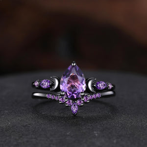 Pear Cut Amethyst Engagement Ring Crescent Moon Bridal Set Promise Ring For Women - anerjuly