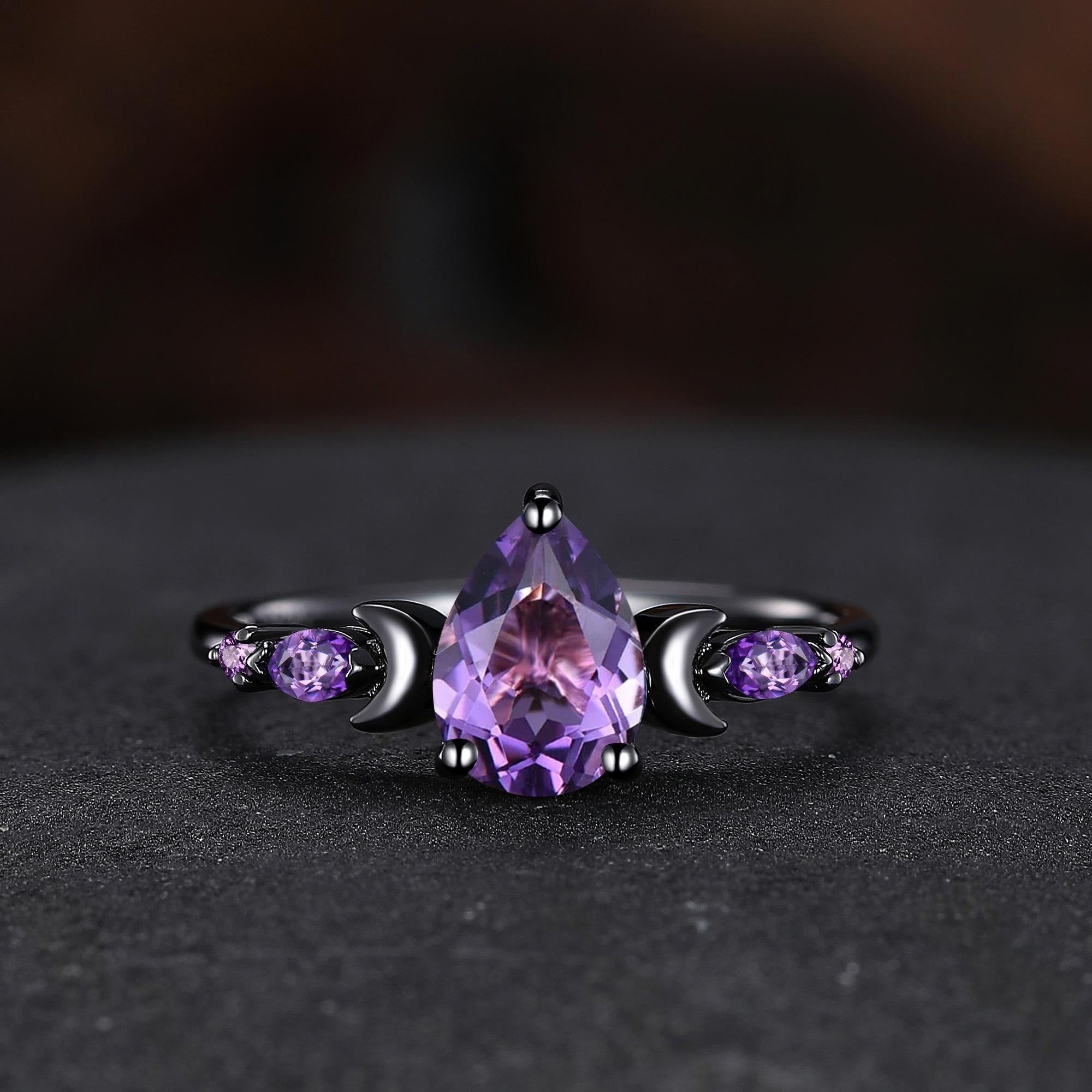 Pear Cut Amethyst Engagement Ring Crescent Moon Bridal Set Promise Ring For Women - anerjuly