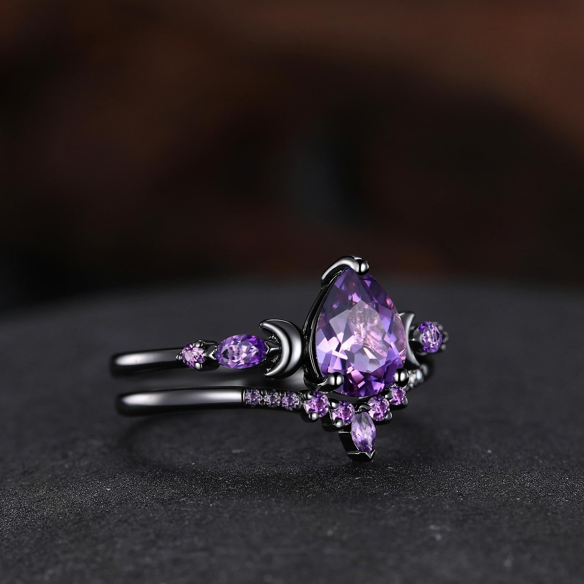 Pear Cut Amethyst Engagement Ring Crescent Moon Bridal Set Promise Ring For Women - anerjuly