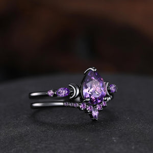 Pear Cut Amethyst Engagement Ring Crescent Moon Bridal Set Promise Ring For Women - anerjuly