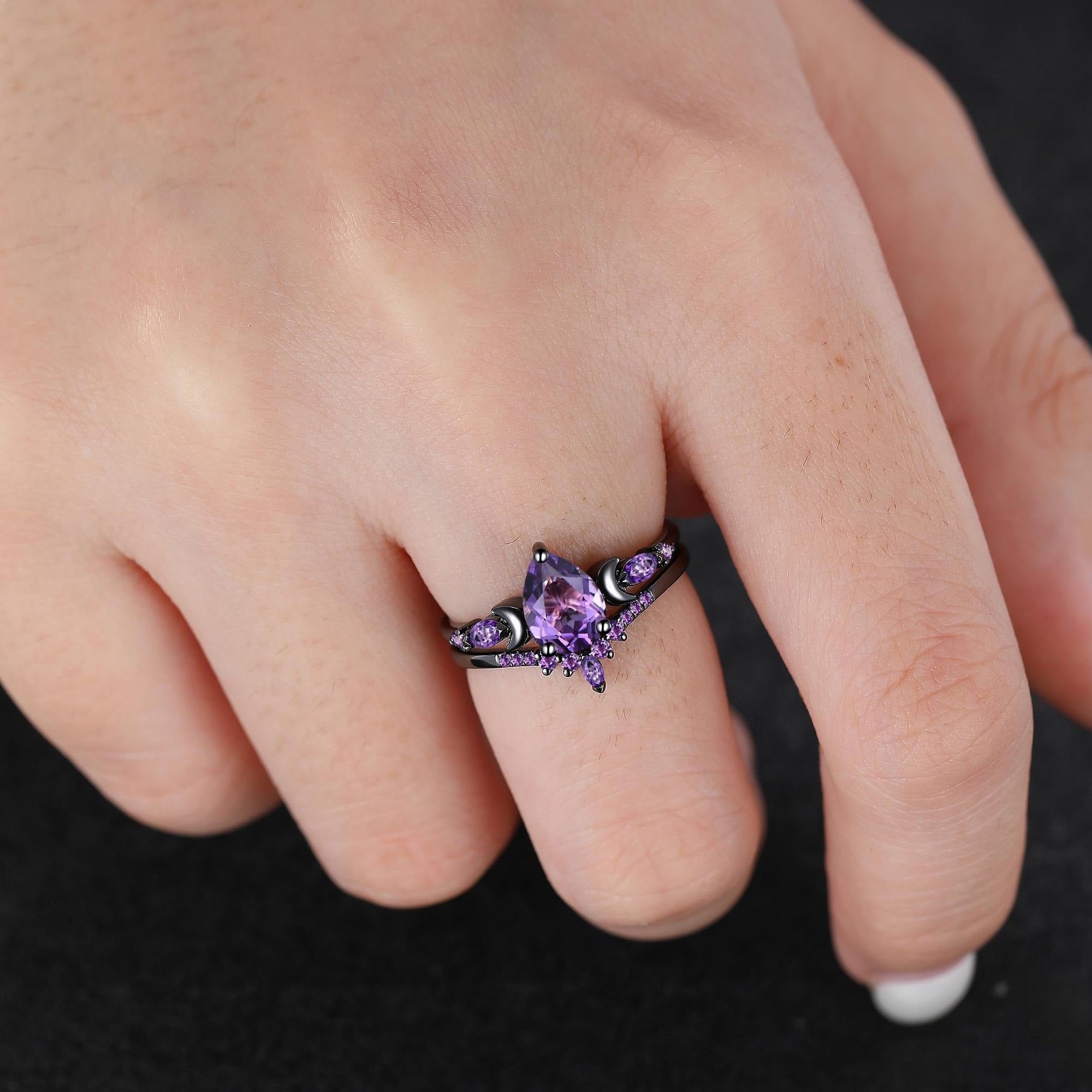 Pear Cut Amethyst Engagement Ring Crescent Moon Bridal Set Promise Ring For Women - anerjuly