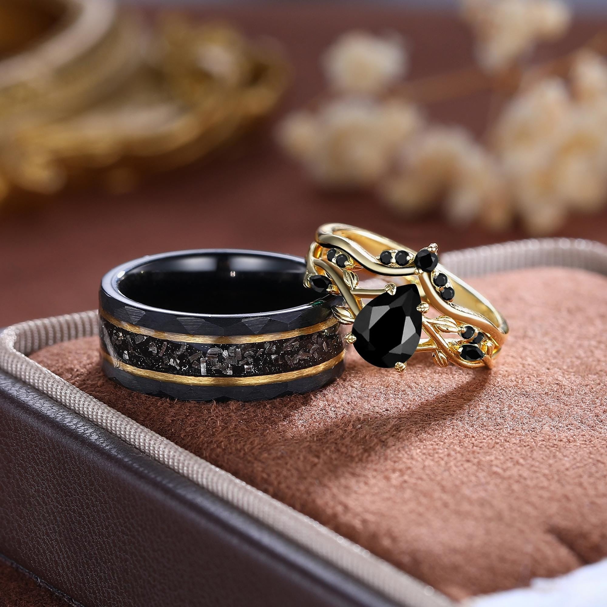 Pear Cut Black Onyx Couple Ring Set Vintage Art Deco Engagement Ring matching rings - anerjuly