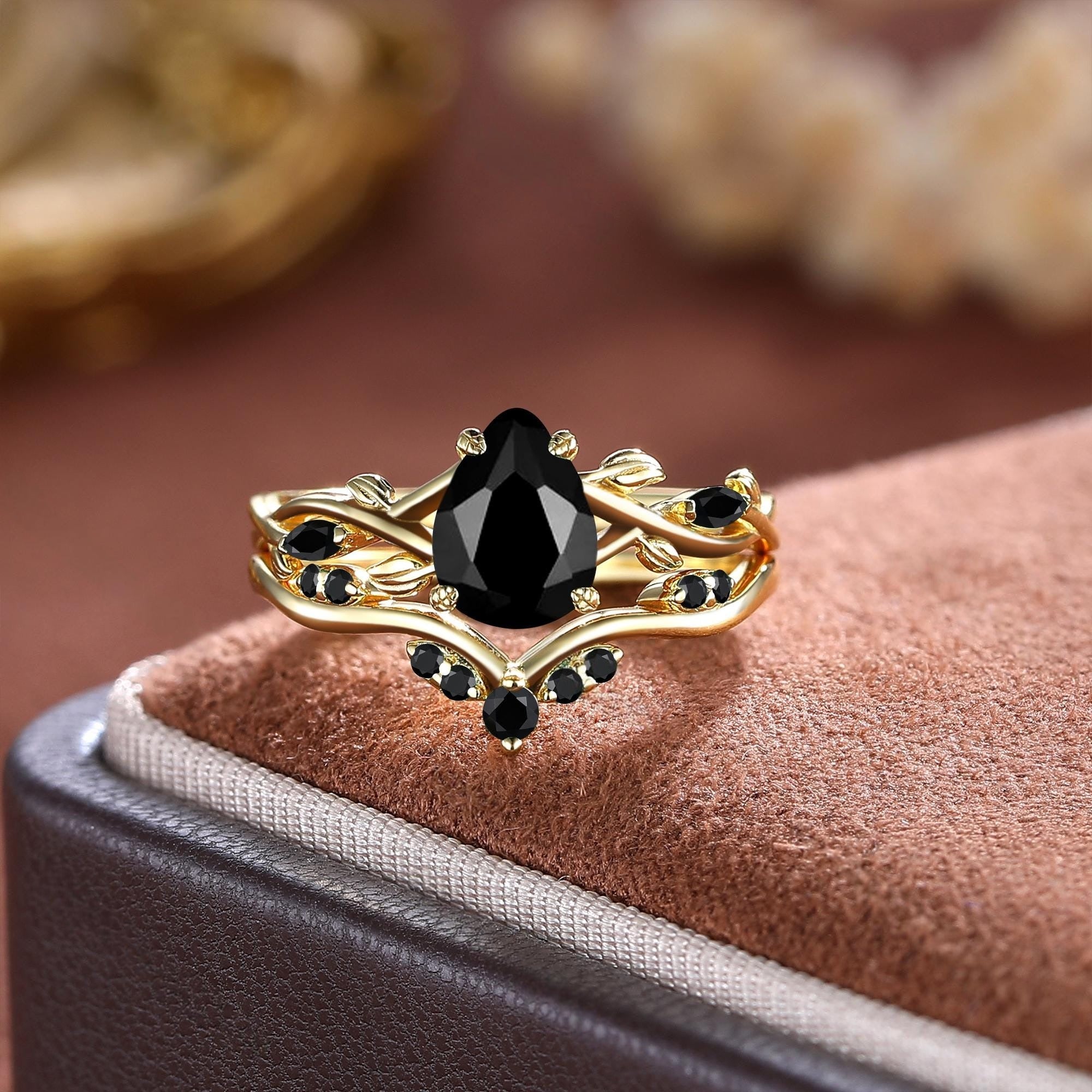 Pear Cut Black Onyx Couple Ring Set Vintage Art Deco Engagement Ring matching rings - anerjuly