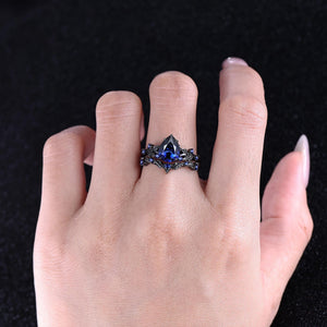 Pear Cut Blue Sapphire Engagement Rings Set Leaf Nature Inspired Women Ring - anerjuly