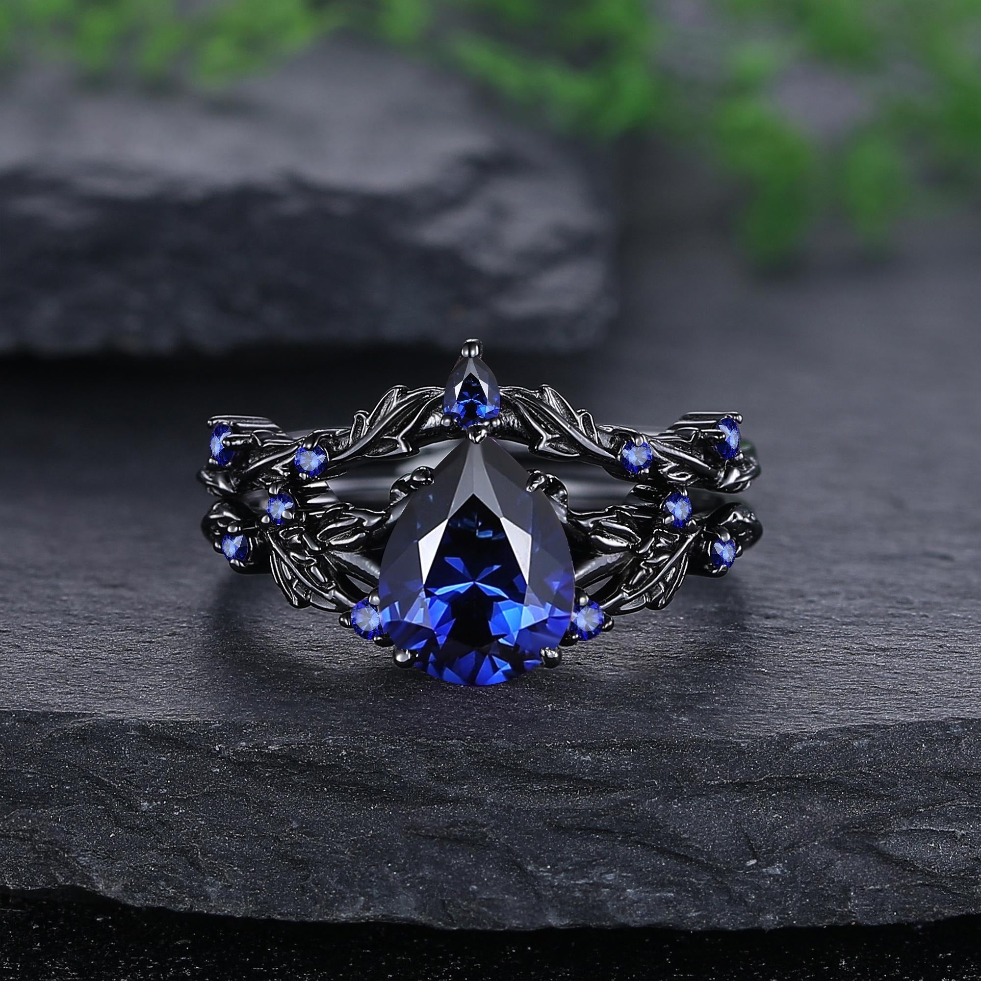 Pear Cut Blue Sapphire Engagement Rings Set Leaf Nature Inspired Women Ring - anerjuly